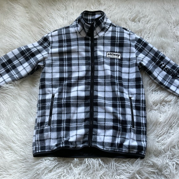 NWOT STUSSY CHECK PLAID FLEECE JACKET BLACK-WHITE‎ - Picture 1 of 11